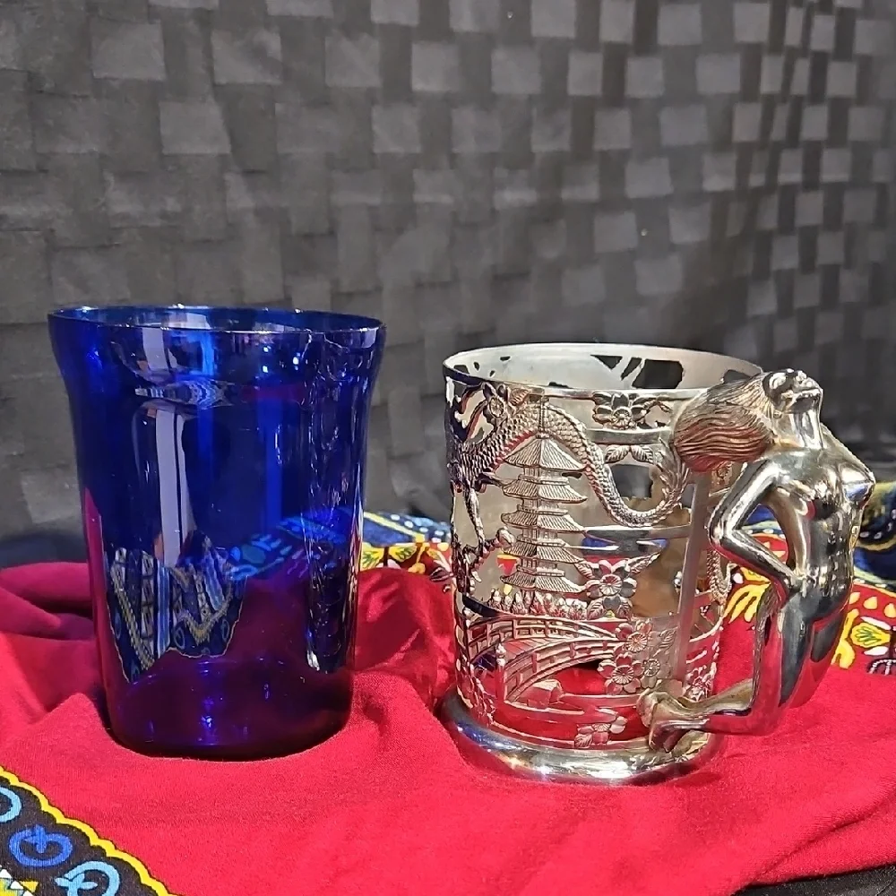 Vtg 1950s Japanese Cobalt Blue Glass Dragon Tankards Silver Nude Lady Mugs